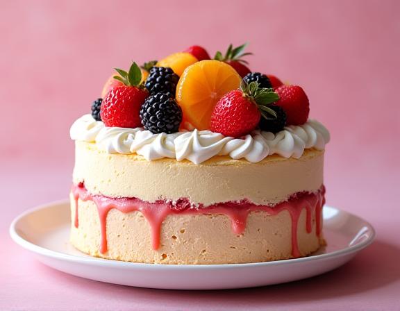 A beautifully decorated multi-layered ice cream cake with fruit on top.