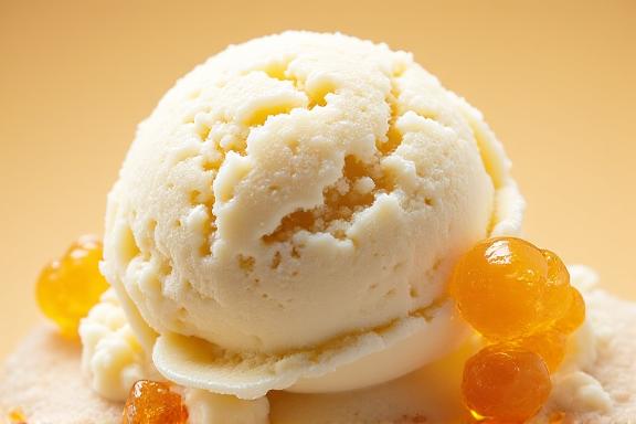 A scoop of vanilla ice cream with golden chunks of honeycomb.