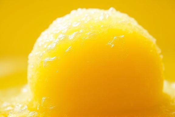 A bright yellow scoop of lemon sorbet.