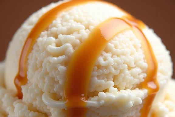 Creamy ice cream with a swirl of golden brown caramel.