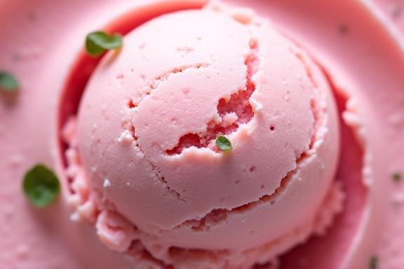 Pink strawberry ice cream with green flecks of basil.
