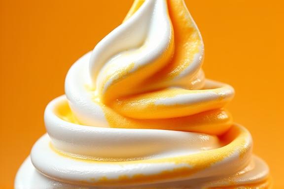 A scoop of white and orange ice cream representing coconut and mango.